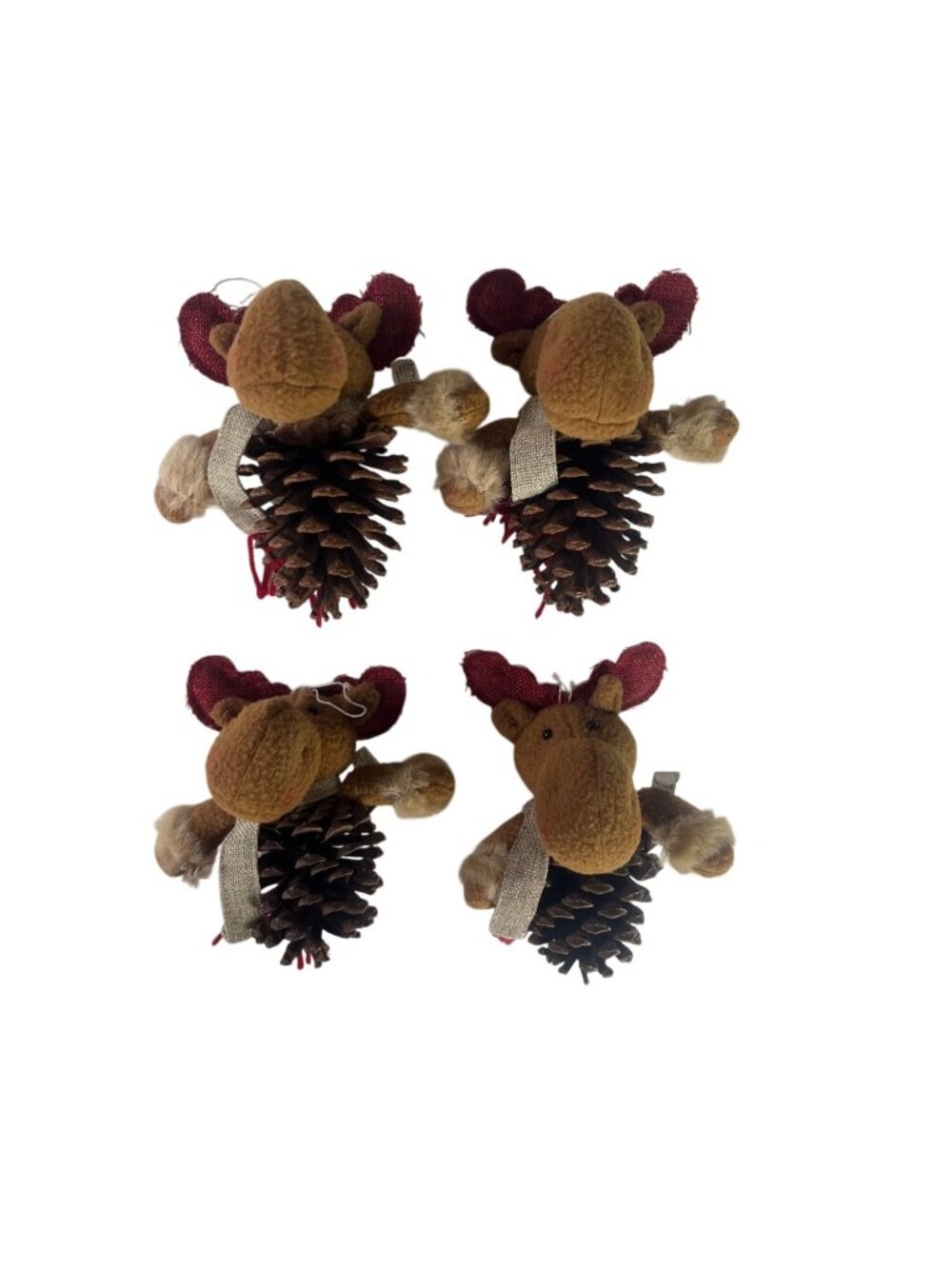 Set Of 4 Moose Pinecone Christmas Ornaments Brown Red Antlers Burlap Accents
